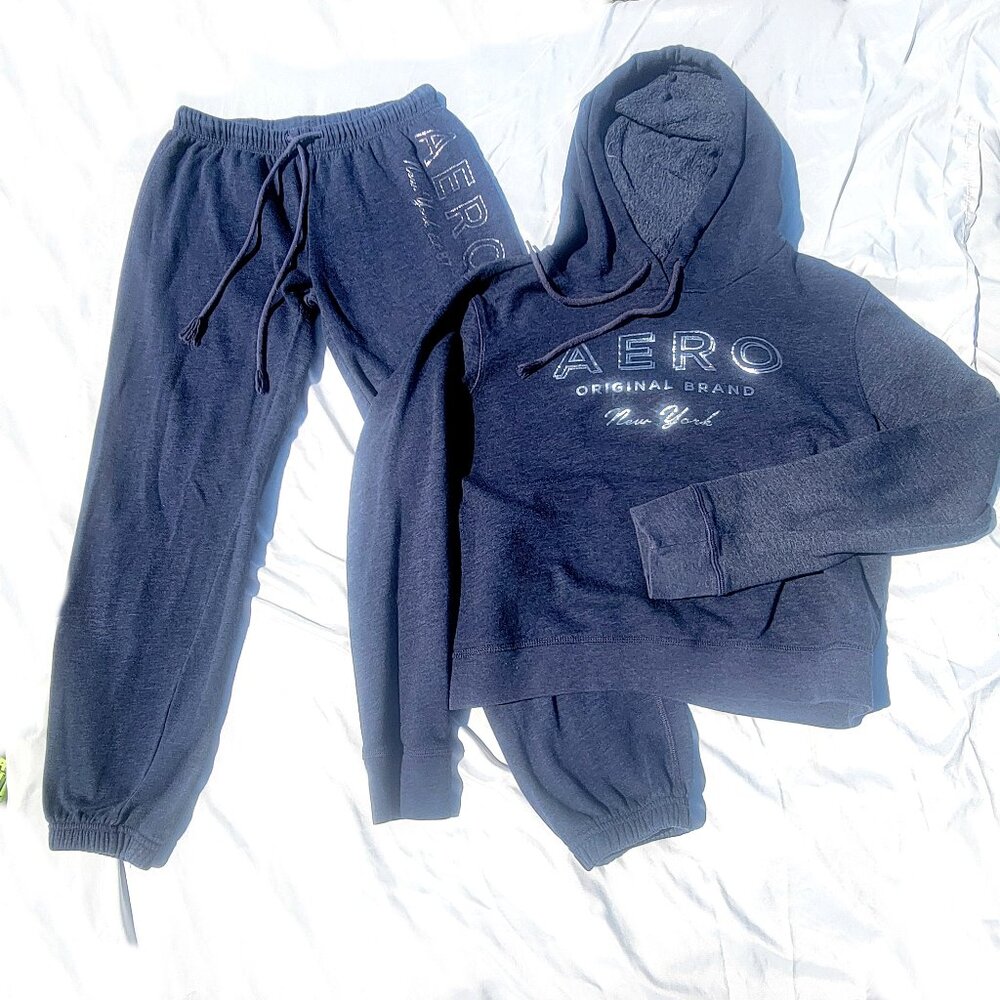 Vintage Aeropostale Navy Blue Fleece Lined Hoodie & Sweatpants Set - Women's Siz